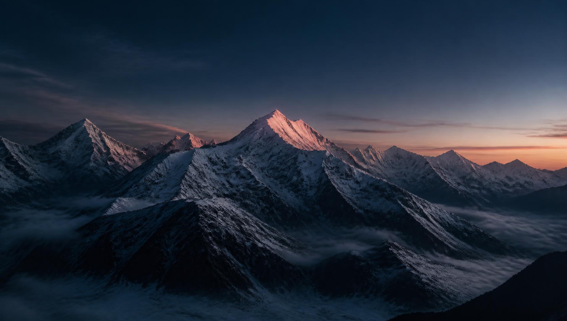 Snow-capped mountain range at dusk